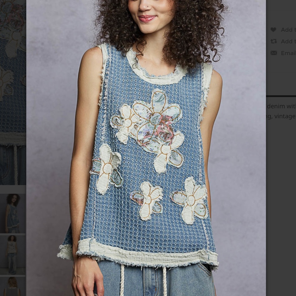 ❤️ POL “ Mary “ POL Denim Top with Double Gauze Flower Patch 44 - Picture 3 of 7
